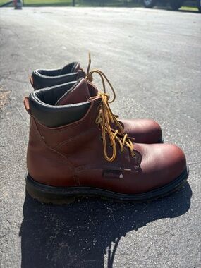Red Wing Shoes Men's Dark Brown Leather Work Boots with Gold Laces